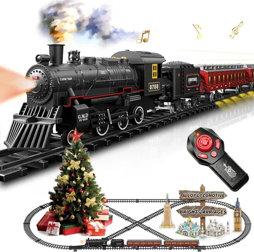 Vista 12 de Juego de tren para niños con control remoto, juguetes de tren con locomotora de vapor, tanque de combustible y pistas de lujo, trenes eléctricos