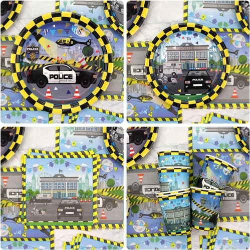 Vista 4 de KEFAN Decoraciones de fiesta de cumpleaños de policía, suministros de vajilla para fiestas temáticas de policía, incluyendo telón de fondo de feliz