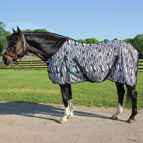 Vista 2 de Country Pride Sábana de malla suave con estampado de cebra para caballos, protección contra insectos de verano, doble hebilla frontal ajustable