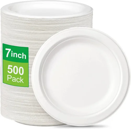 Vista 7 de Platos de papel pequeños, paquete de 200 platos de papel de 7 pulgadas, platos desechables para pastel de postre, platos 100% compostables hechos