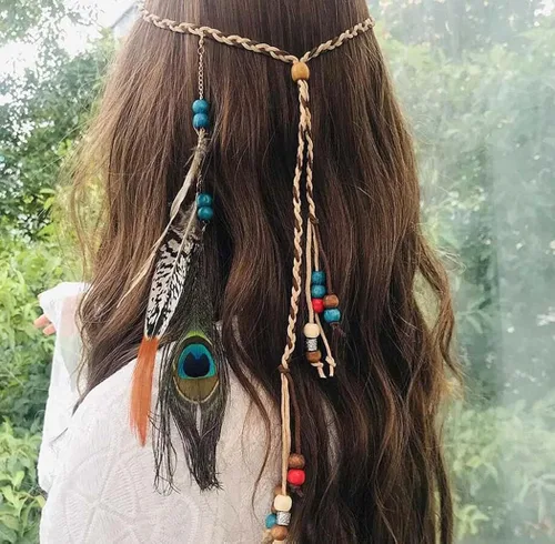 Vista 2 de CAKURE Diadema de plumas estilo bohemio extensiones de cabello de plumas gitanas diadema para festivales diadema de plumas indias accesorios