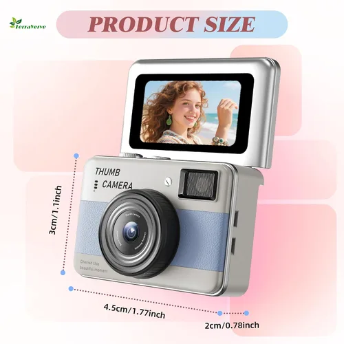 Vista 2 de Mini cámara con llavero – Cámara de pulgar HD, pantalla abatible de 1.47 pulgadas Múltiples modos de disparo y grabación Cámara digital portátil