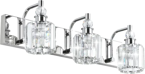 Vista 9 de Ralbay - Luces de tocador de cristal, 2 luces, modernas lámparas de cromo de cristal para iluminación de baño, para usar sobre el espejo