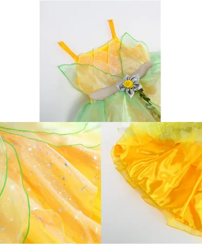 Vista 4 de BLOOMIRO Disfraz de princesa Tiana para niñas, disfraz de fiesta de cumpleaños con accesorios
