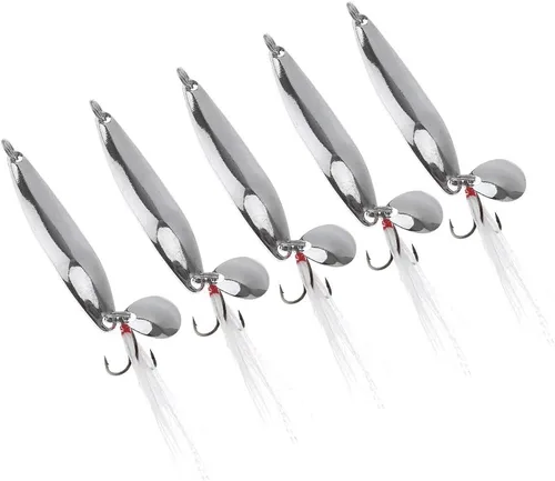 Vista 6 de Kit de pesca de señuelos de cucharas de 5 piezas, cebos giratorios de metal con ganchos agudos para lubina salmón