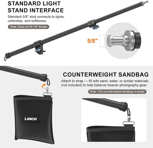 Vista 8 de LINCO Lincostore 4255K - Brazo de pluma de luz ajustable de 2.5 pies a 5 pies con abrazadera universal para trípode y bolsa de contrapeso
