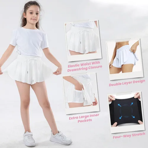 Vista 2 de Paquete de 3 pantalones cortos fluidos para niñas con bolsillos, 2 en 1, faldas de mariposa fluidas para jóvenes, pantalones cortos para correr