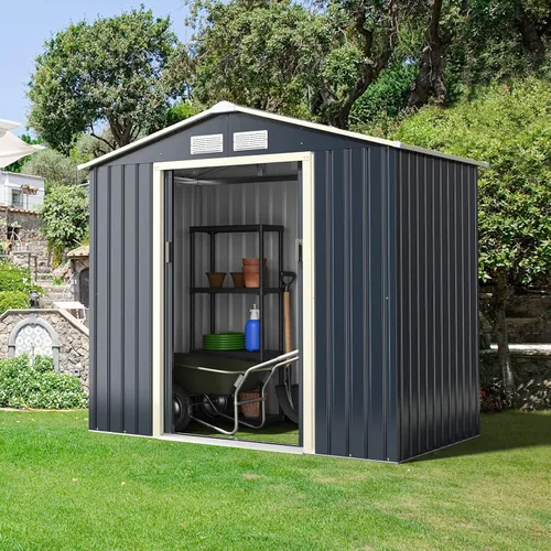 Vista 8 de Goplus Cobertizo de almacenamiento, organizador de metal de 7 x 4 pies, para exteriores, con 4 rejillas de ventilación y doble puerta corrediza