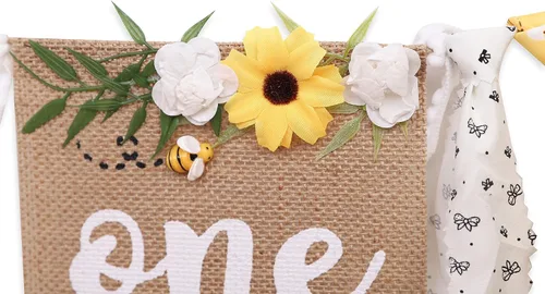 Vista 8 de OTURGC Cartel de primer cumpleaños para silla alta con temática de abeja, patrón multicolor de abeja y flores, cartel rectangular de lino de 80 x