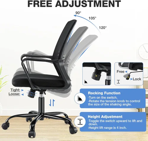 Vista 6 de Silla de oficina ergonómica, silla de oficina con respaldo medio, silla de escritorio de oficina con ruedas, silla de computadora con soporte