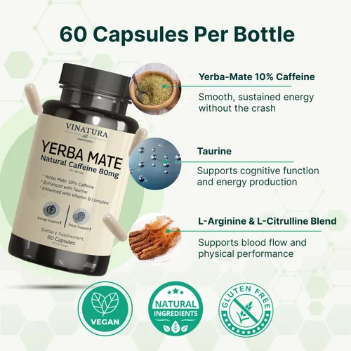 Vista 4 de Yerba Mate 1400mg - Suplementos mágicos naturales de cafeína y energía, alta potencia mejorada con taurina y complejo de vitamina B - 60 cápsulas