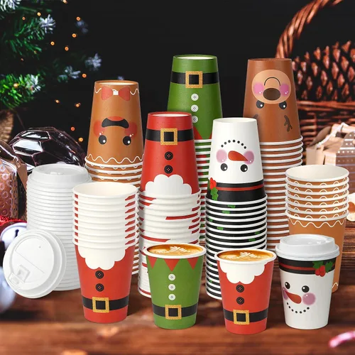 Vista 4 de 200 vasos de papel de Navidad de 12 onzas con tapas, tazas de té desechables de Navidad para bebidas frías, chocolate caliente, chocolate caliente