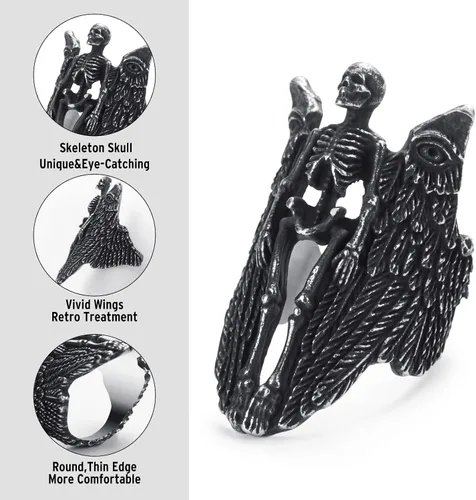 Vista 2 de KIRTIJW Anillos de calavera para hombre, de acero inoxidable, gótico, motociclista, punk, cráneo, joyería para hombre, talla 8-13, Acero, Sin