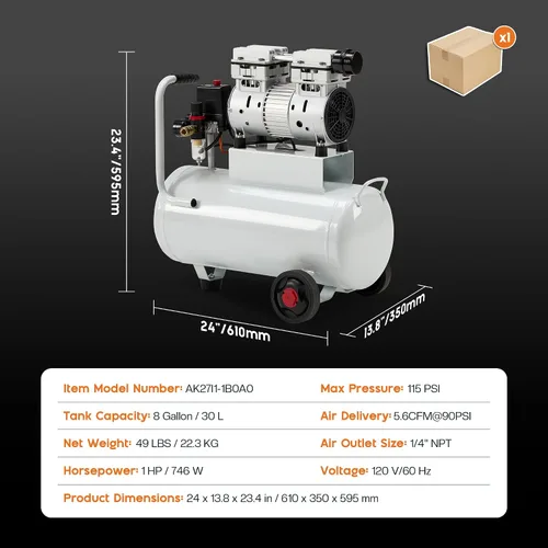 Vista 2 de Albott Compresor de aire de 8 galones con válvula de drenaje automática, tanque de compresor de aire sin aceite de 1.0 HP con ruedas, nivel de ruido