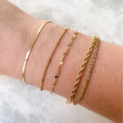 Vista 7 de LEXODY Pulseras de oro para mujer, juego de pulseras de espiga de oro de 14 quilates, delicadas joyas de espiga apilables, cadena fígaro, cadena