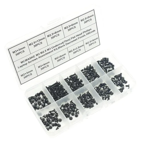 Vista 8 de Kit surtido de tornillos Phillips de cabeza plana M2 M2.5 M3 para laptop, acabado negro Dacromet (300)