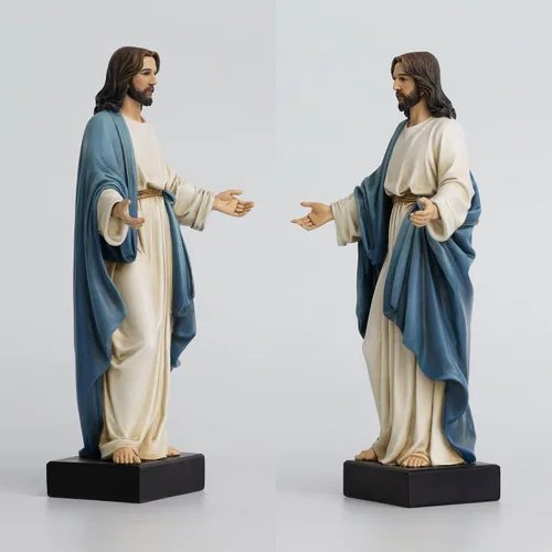 Vista 5 de Estatua de Jesús de 12 pulgadas con brazos abiertos, figura de Jesucristo pintada a mano en túnica azul, escultura religiosa de resina realista