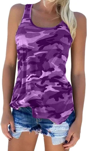 Vista 9 de Lindas camisetas deportivas sin mangas de camuflaje para correr, para entrenamiento, gimnasio, espalda cruzada, para mujer Camo Verde