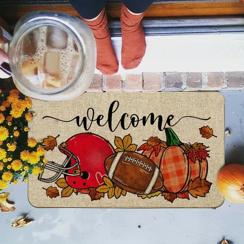 Vista 5 de Baccessor Tapete de fútbol de otoño para interiores y exteriores, diseño de calabaza, otoño, deportes, día de juego, bienvenida, puerta delantera