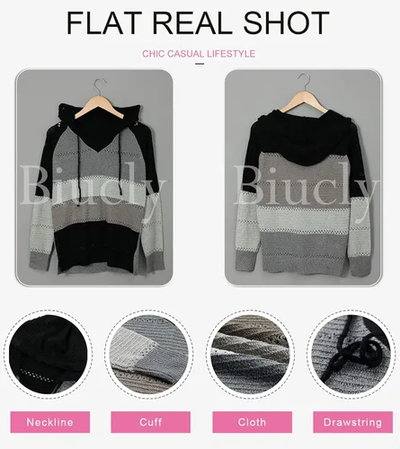 Vista 4 de Biucly Women's Color Block Lightweight Hooded Sweater Drawstring Hoodies Pullover Sweatshirts