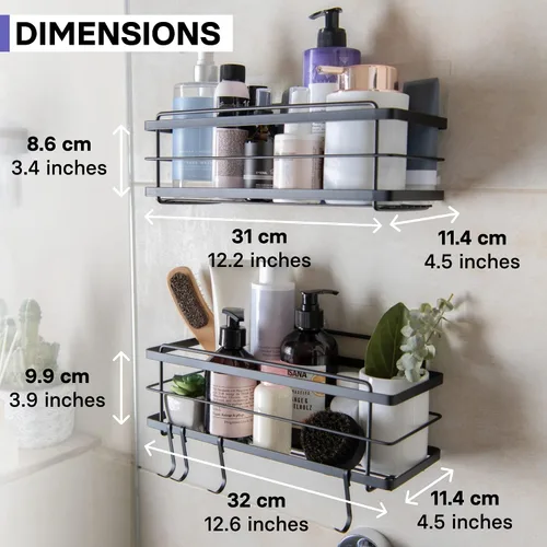 Vista 7 de KINCMAX Organizador de ducha de alta calidad, paquete de 2 organizadores de ducha adhesivos, estantes de baño sin taladro, estantes de ducha