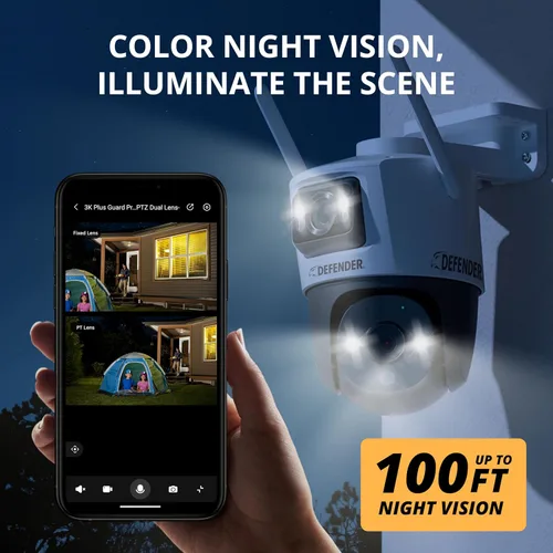 Vista 5 de Defender Guard Pro 3K Plus Dual Lens PTZ WiFi 6/Cámara de seguridad Bluetooth, cámaras de alimentación enchufables para seguridad en el hogar