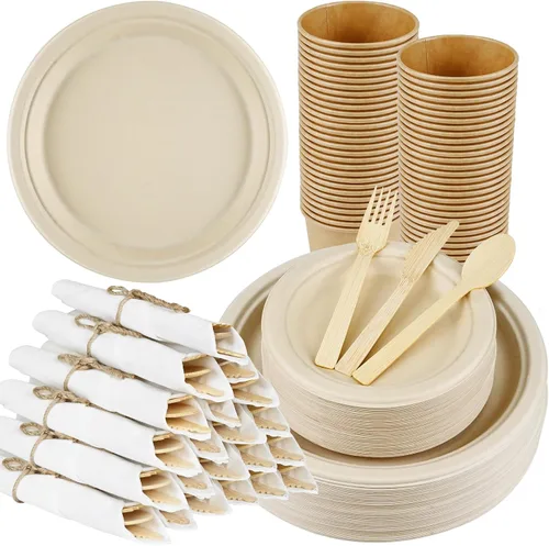 Vista 9 de Juego de servilletas y cubiertos de bambú preenrollados, paquete de 100 utensilios de bambú/cubiertos compostables