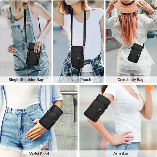 Vista 2 de Bolso cruzado de nailon para mujer para viaje, bolso de hombro para teléfono celular con pulsera, brazalete deportivo, cartera para teléfono Negro