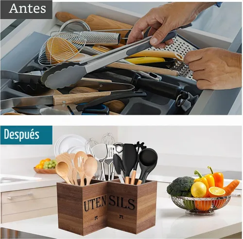 Vista 3 de Suli Soporte extra grande para utensilios de cocina con 3 compartimentos, organizador de utensilios de esquina para encimera, organizador