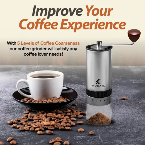 Vista 6 de Molinillo manual de granos de café – Rebaba de acero inoxidable de 7 estrellas, ajustes ajustables para molienda personalizada, cepillo, fácil