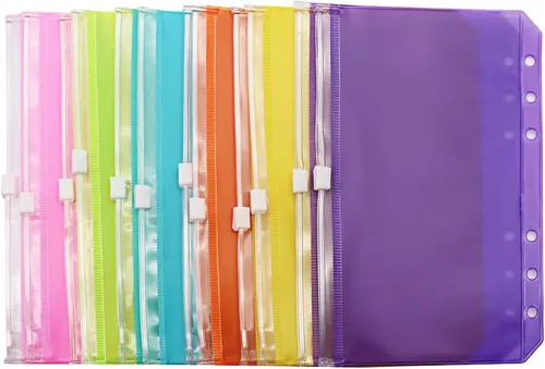 Vista 12 de Bolsillos para carpeta A5, color rosa, 12 unidades, con cremallera, bolsas de hojas sueltas, 6 agujeros, organizador de cremallera de PVC, carpeta