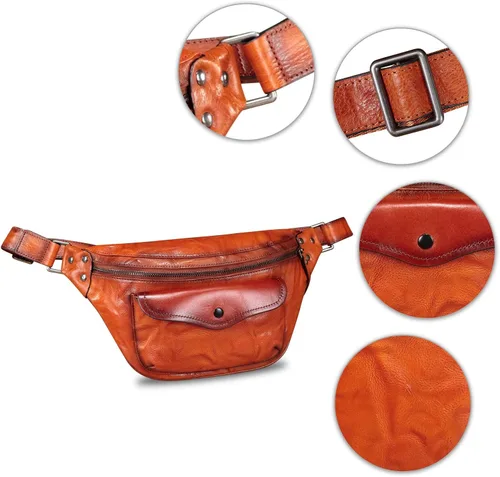 Vista 6 de Riñonera de cuero genuino para mujeres y hombres, bolso cruzado de cuero real vintage, bolso cruzado de moda para la cintura
