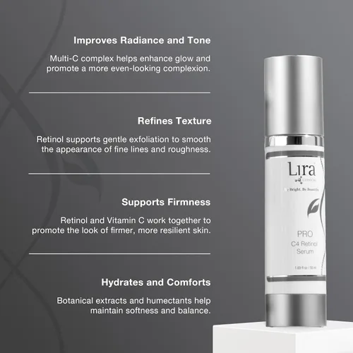 Vista 3 de Lira Clinical Pro C4 - Suero de retinol – Suero facial antienvejecimiento con células madre vegetales – Vitamina C con regaliz y extracto de oliva