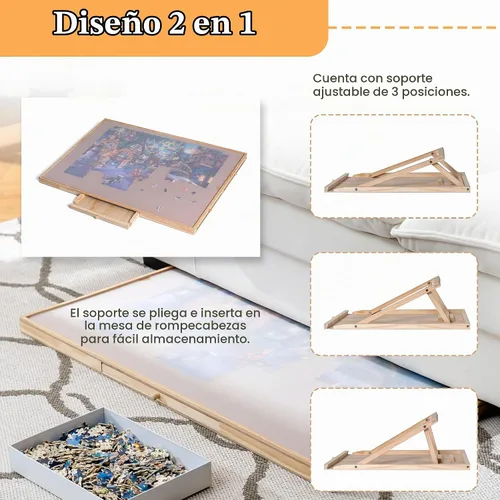 Vista 2 de Tektalk Mesa de Rompecabezas con Soporte/Bracket Ajustable Integrado y Cubierta Extraíble, Meseta de Madera de 3 Ángulos de Inclinación Tablero