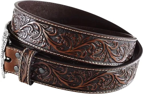 Vista 4 de ARIAT Cinturón de cuero en relieve floral para hombre con hebilla de vaquero plateada envejecida