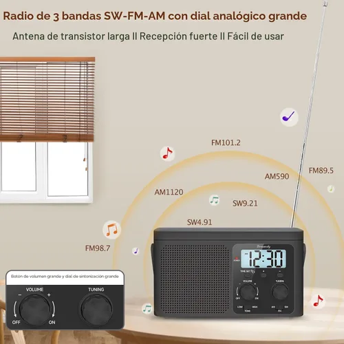 Vista 2 de DreamSky Radio AM FM Portátil - Radio de Onda Corta a Batería o Enchufe de Pared para Casa al Aire Libre, Fuerte Recepción, Dial Grande Fácil