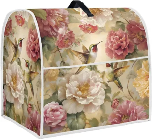 Vista 14 de Cubierta para mezclador de cocina con diseño de flores de pájaros, cubierta para procesador de alimentos con asa superior y bolsillo