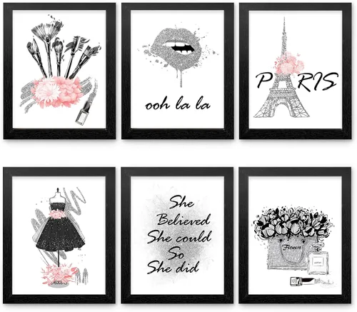 Vista 18 de HoozGee Juego de 6 pósteres enmarcados de maquillaje de moda, decoración de pared con marco de París, impresiones artísticas de pared