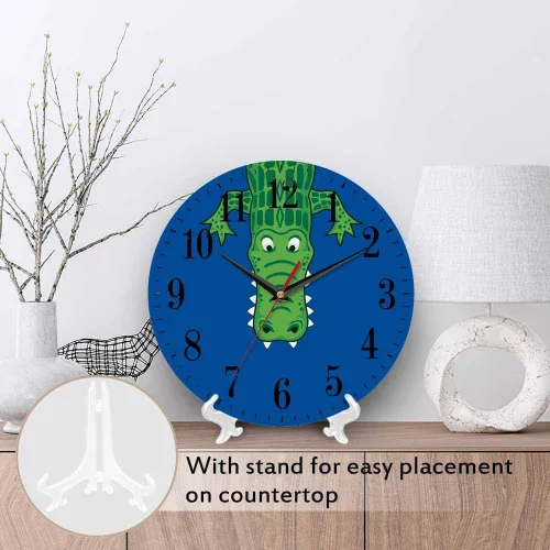 Vista 3 de Mxocom Reloj de pared de cocodrilo verde de dibujos animados con dientes, lindo estilo divertido de 10 pulgadas, silencioso, sin tictac, funciona