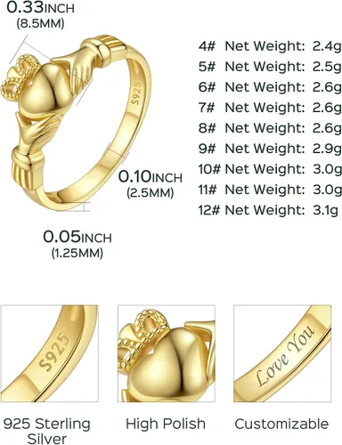 Vista 5 de ChicSilver Anillo Claddagh con nudo celta, plata de ley 925, anillos irlandeses 05. Claddagh-Oro