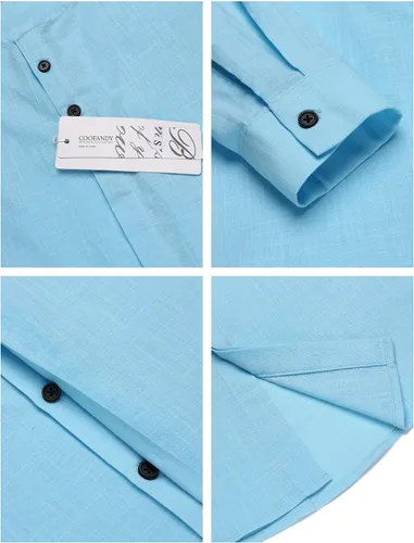 Vista 5 de COOFANDY Camisa de algodón y lino para hombre, camisa de playa casual con botones y manga larga
