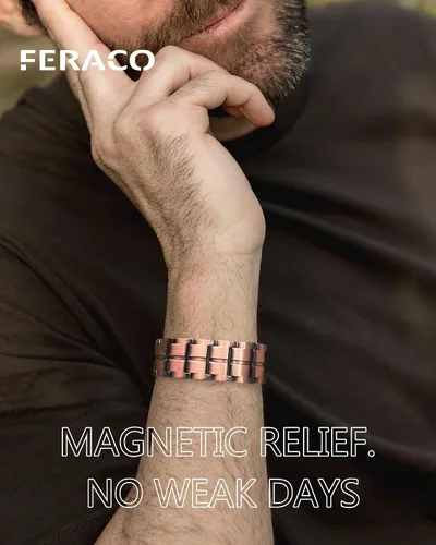 Vista 5 de Feraco Pulsera de cobre para hombre, 3 veces más fuerza, pulsera de terapia magnética, joyería de cobre con potentes imanes de 3800 Gauss