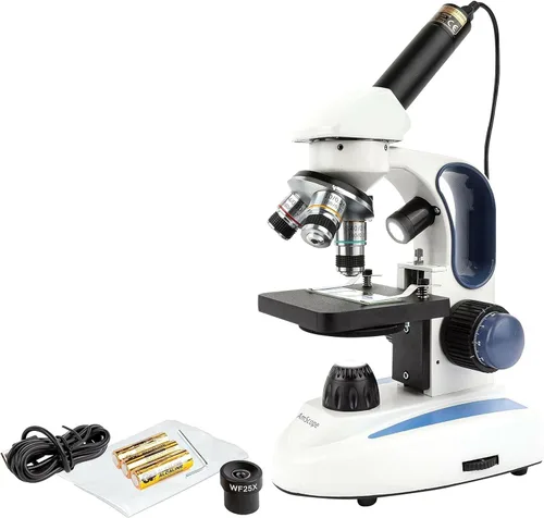 Vista 14 de AmScope Microscopio monocular compuesto inalámbrico digital M158C-2L-E, oculares WF10x y WF25x, aumento de 40x-1000x, iluminación LED superior e