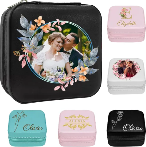 Vista 7 de Joyero personalizado para regalos de dama de honor, flor de nacimiento, inicial, joyería de viaje personalizada para mujeres, organizador de joyas