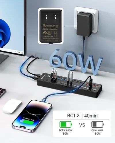 Vista 4 de Concentrador USB 3.0 alimentado, concentrador USB ACASIS de 16 puertos (incluye 2 puertos de carga inteligente USB C 3.0+4) con adaptador