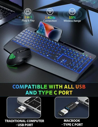 Vista 5 de Teclado y Mouse Inalámbricos con Retroiluminación, Reposamuñecas, Mouse LED, Teclado Ergonómico Recargable con Soporte para Teléfono, Combo