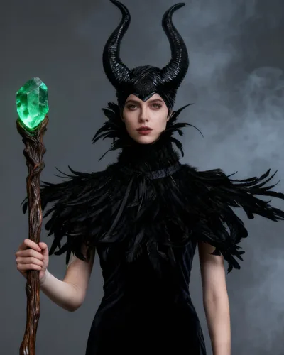 Vista 2 de L'VOW chal gótico con plumas negras y cuernos de Maleficent, disfraz de cuervo para Halloween