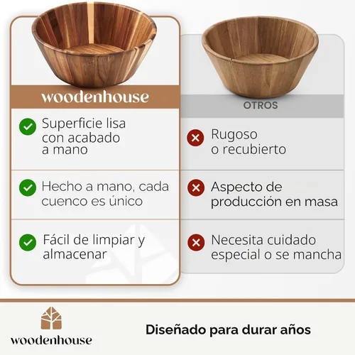 Vista 8 de Woodenhouse Tazón de ensalada de madera, tazón para ensalada, tazón de madera - 12" Diseño redondo, tazón de frutas hecho a mano, duradero