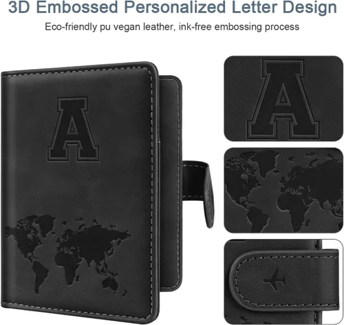Vista 3 de Funda para Pasaporte Personalizada con Letra de la A a la Z, Billetera de Viaje con Bloqueo RFID, Funda para Pasaporte, Estuche para Pasaporte