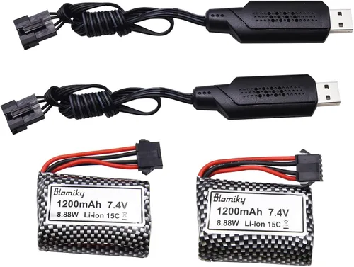 Vista 6 de Blomiky - Paquete de 2 baterías recargables de iones de litio de 7.4 V 1200 mAh con enchufe SM-5P y cable USB para alguna versión TX123 RC Boat